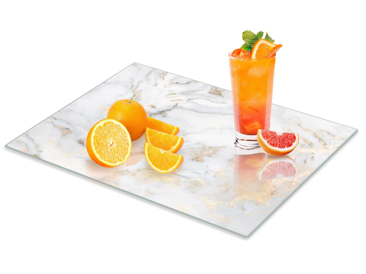 VSAR House tempered glass cutting board with gold marble finish, easy to clean and durable.