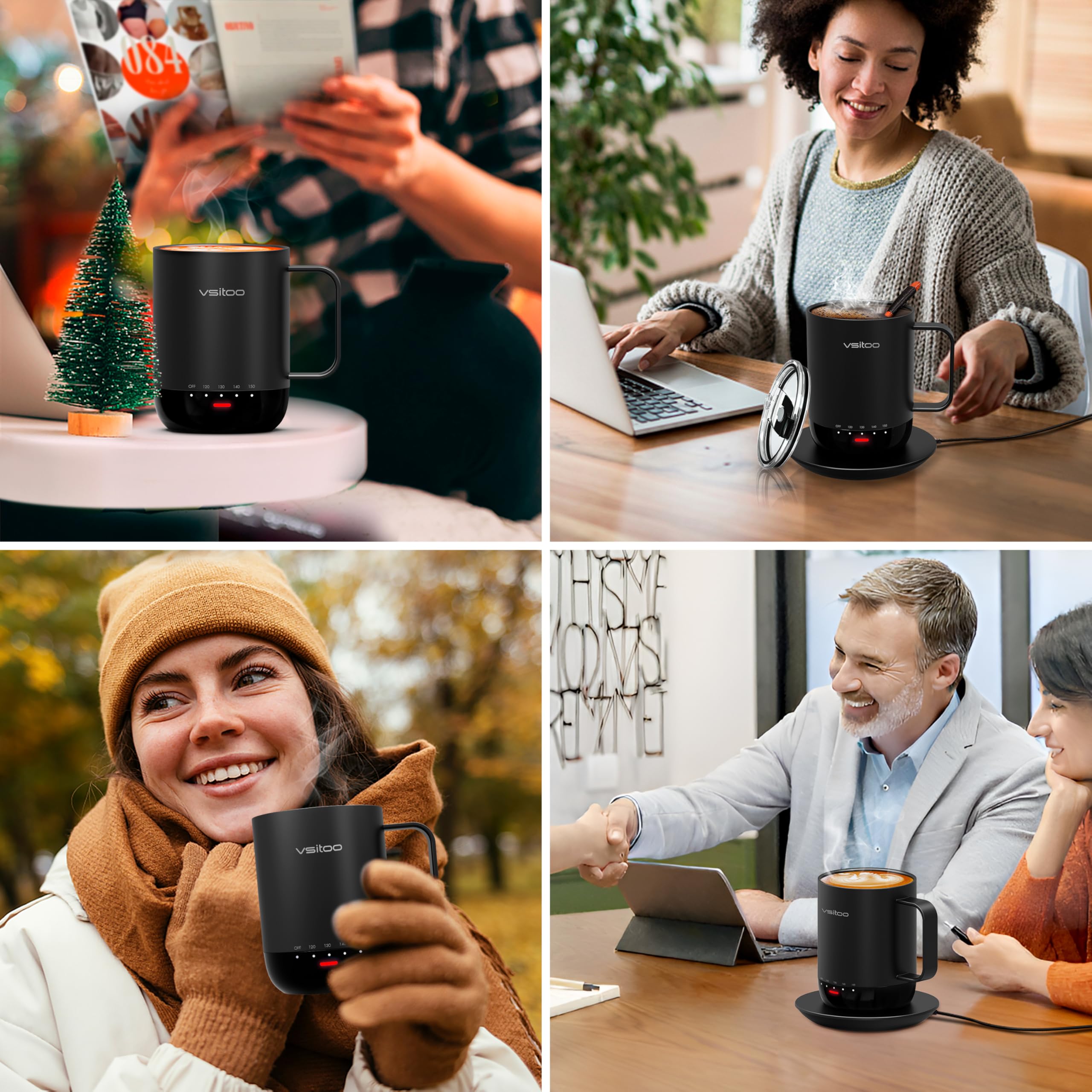 VSITOO S3 Pro 14oz mug travel-ready with compatible charging options.