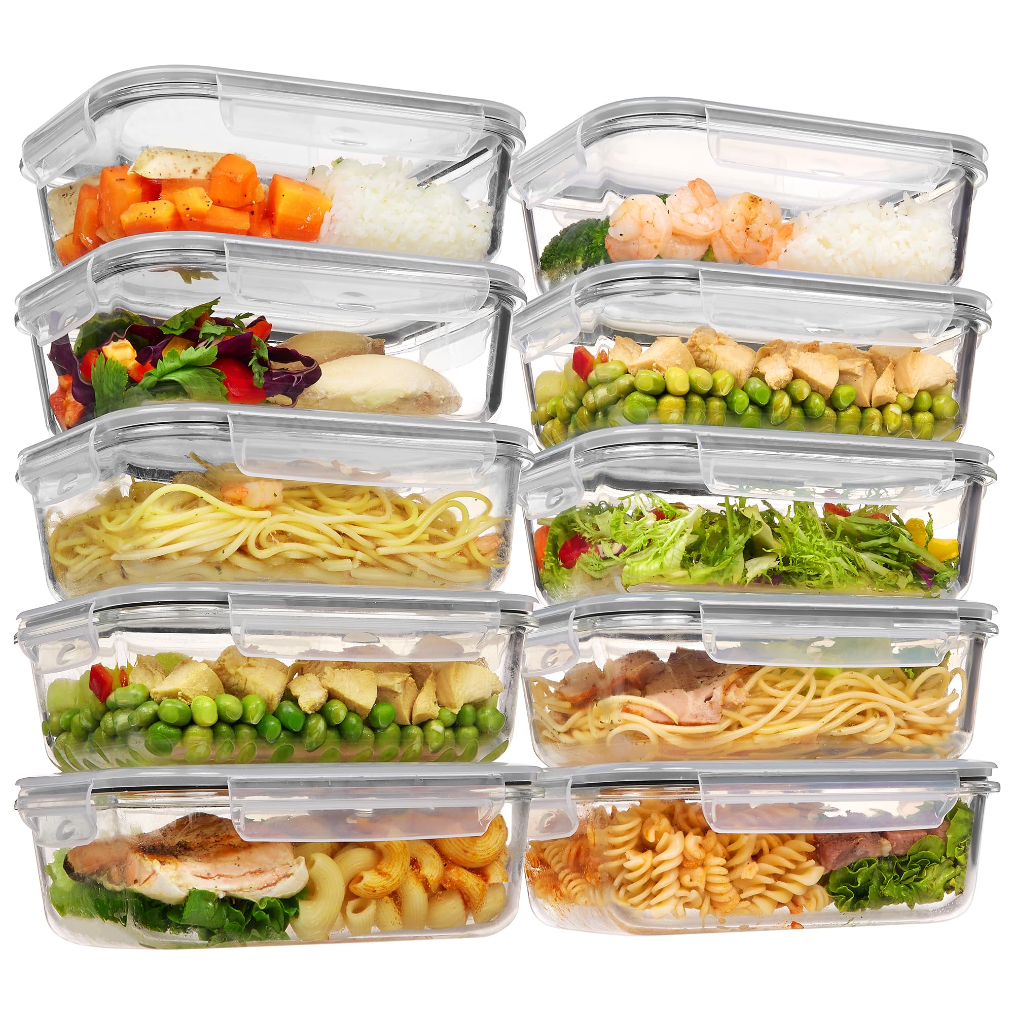 Vtopmart 10-pack glass containers with lids for meal prep and portable lunches.