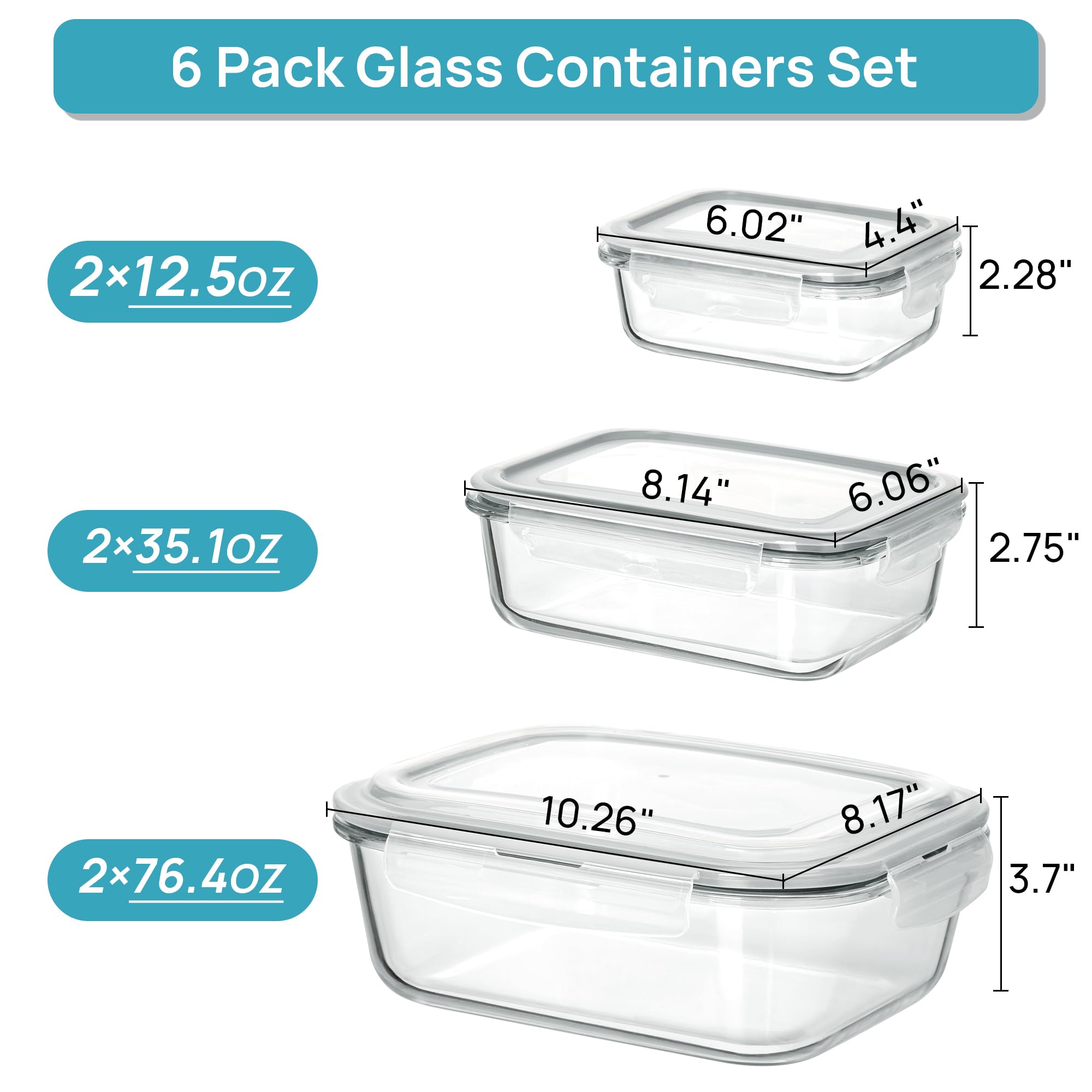 Vtopmart glass containers with lids, closed, showing airtight snap-locks for freshness.