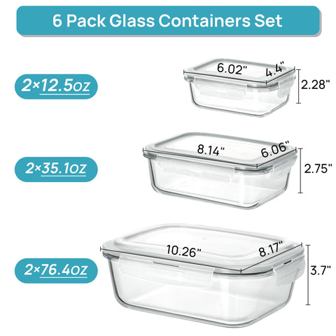 Vtopmart glass containers with lids, closed, showing airtight snap-locks for freshness.