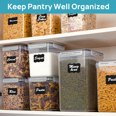 Labels included help categorize flour, sugar, and other dry goods.