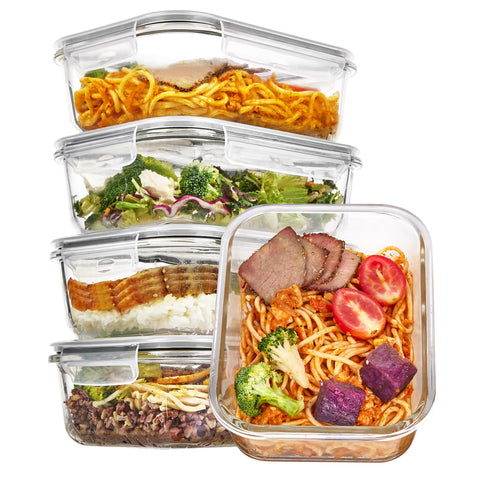 Vtopmart 5-pack glass containers with airtight lids for meal prep and leftovers.