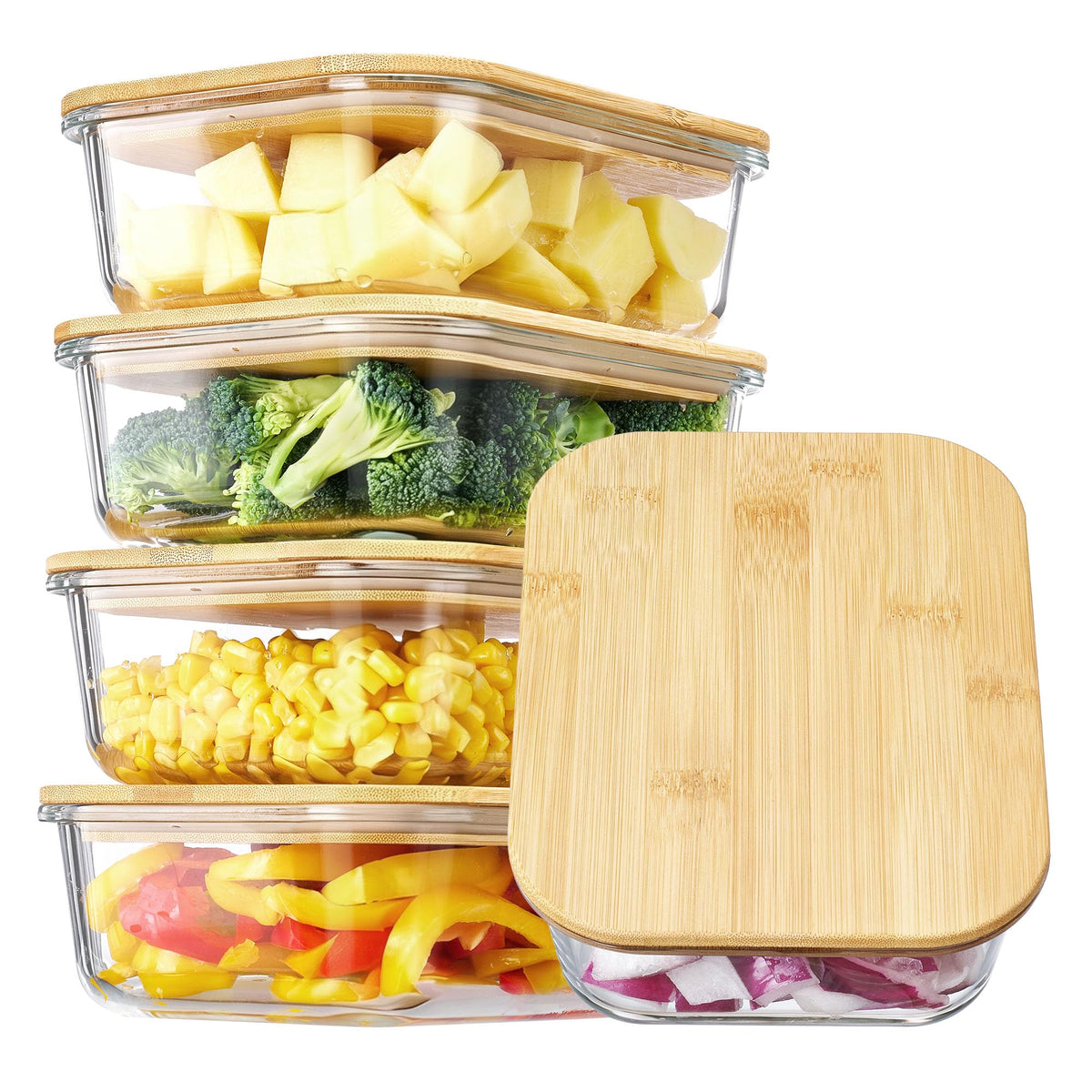 Vtopmart 5-pack glass containers with lids for clear fridge organization.