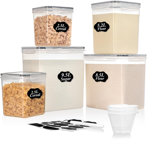 Vtopmart 5-pack flour-sugar containers with large capacity for bulk dry goods.