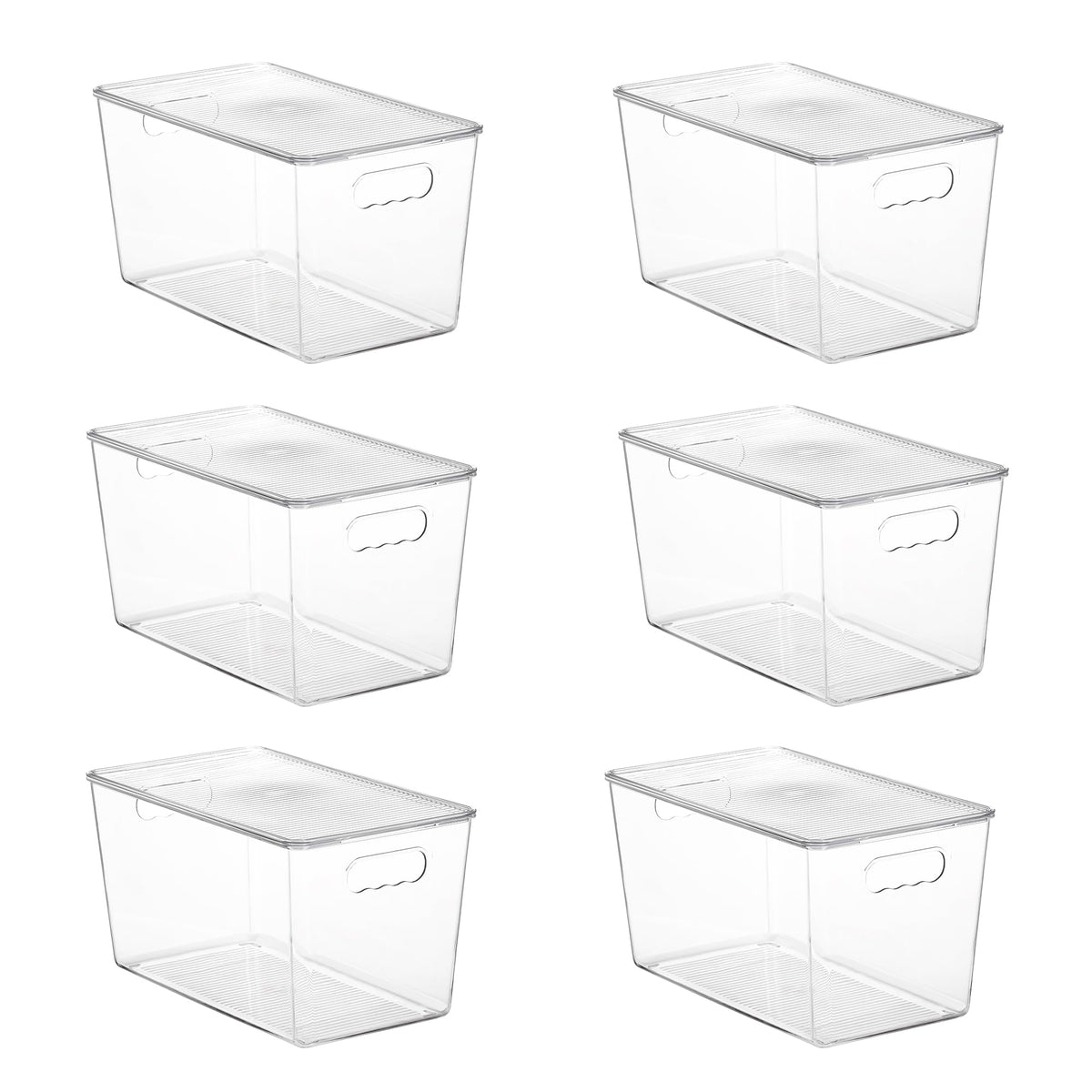 Vtopmart 6-pack clear bins for pantry organization with easy lid access.