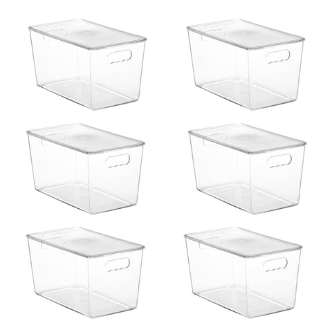 Vtopmart 6-pack clear bins for pantry organization with easy lid access.