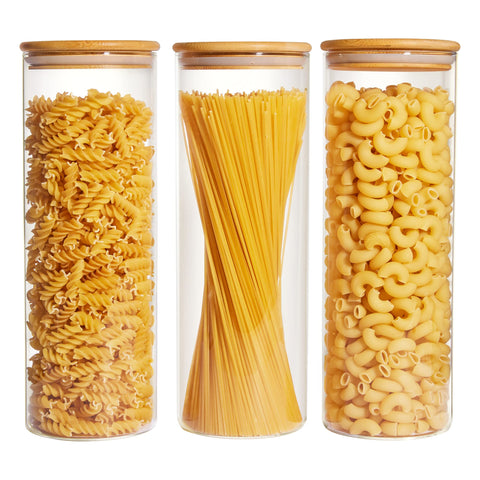 Vtopmart 70oz glass jar 3-pack stores pasta and cereals at a glance.