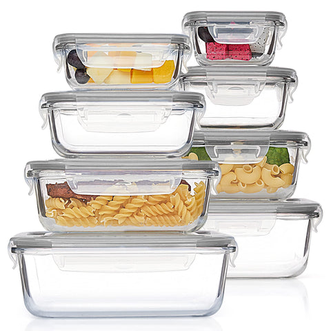 Vtopmart 8-pack glass rectangle set for meal prep to keep foods fresh.