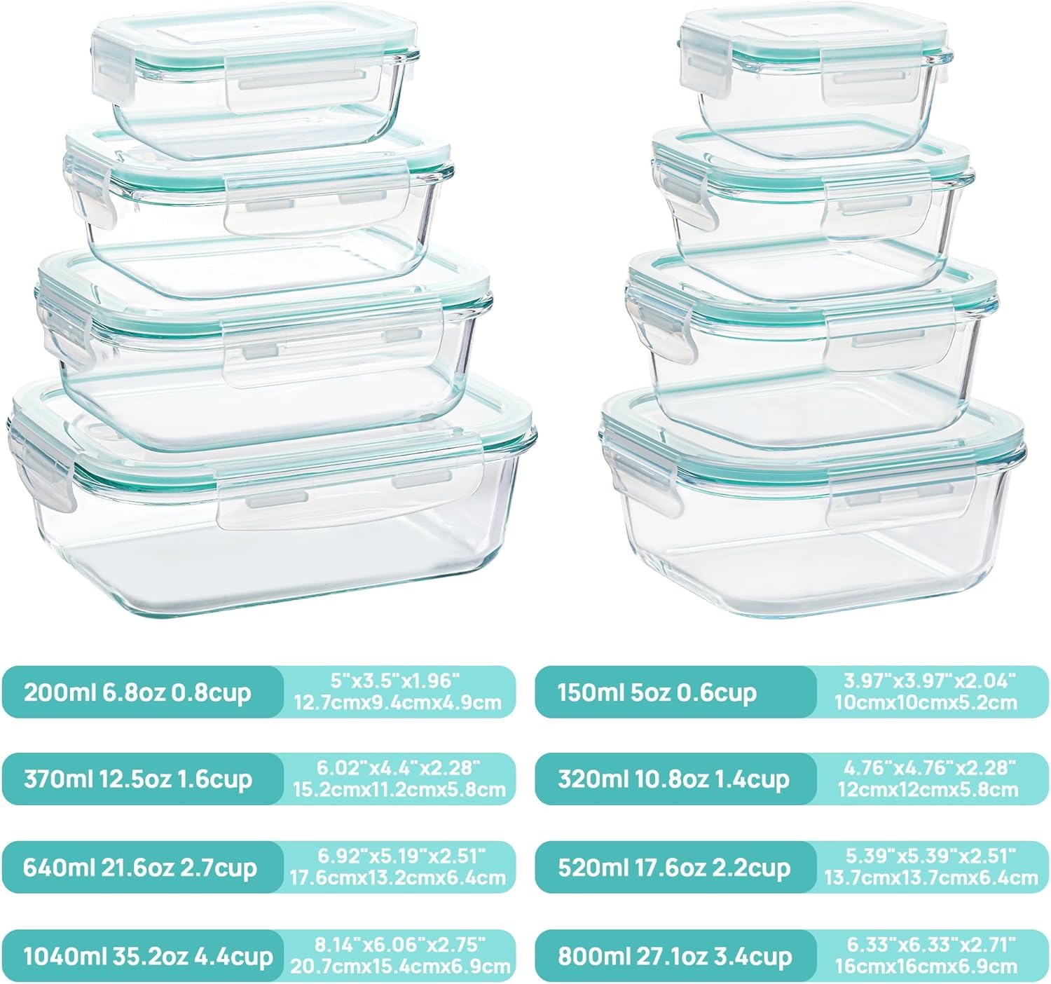 Vtopmart 8-pack rectangle 21oz glass containers ready for lunches and leftovers.