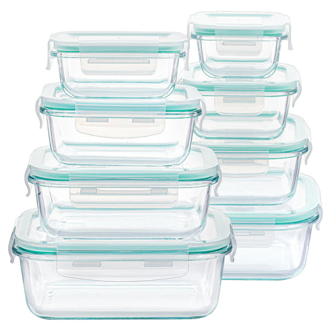 Vtopmart 8-pack rectangle 35oz glass containers on counter for meal prep.