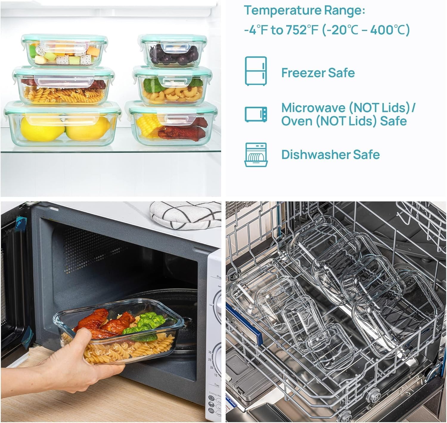 Vtopmart 8-pack square 17oz glass containers in fridge for organized meals.