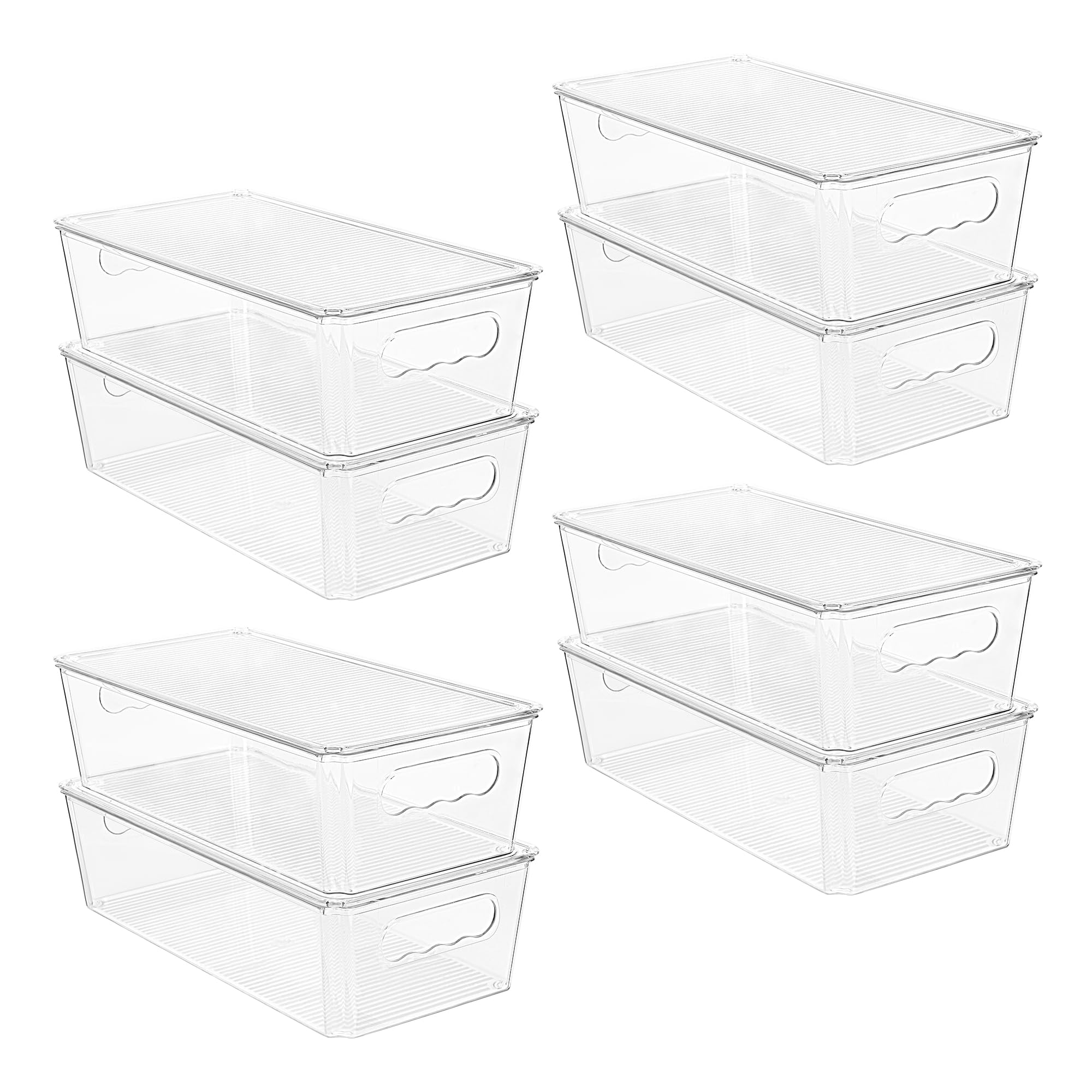 Vtopmart 8pcs clear organizers with lids neatly store pantry staples and fridge items.