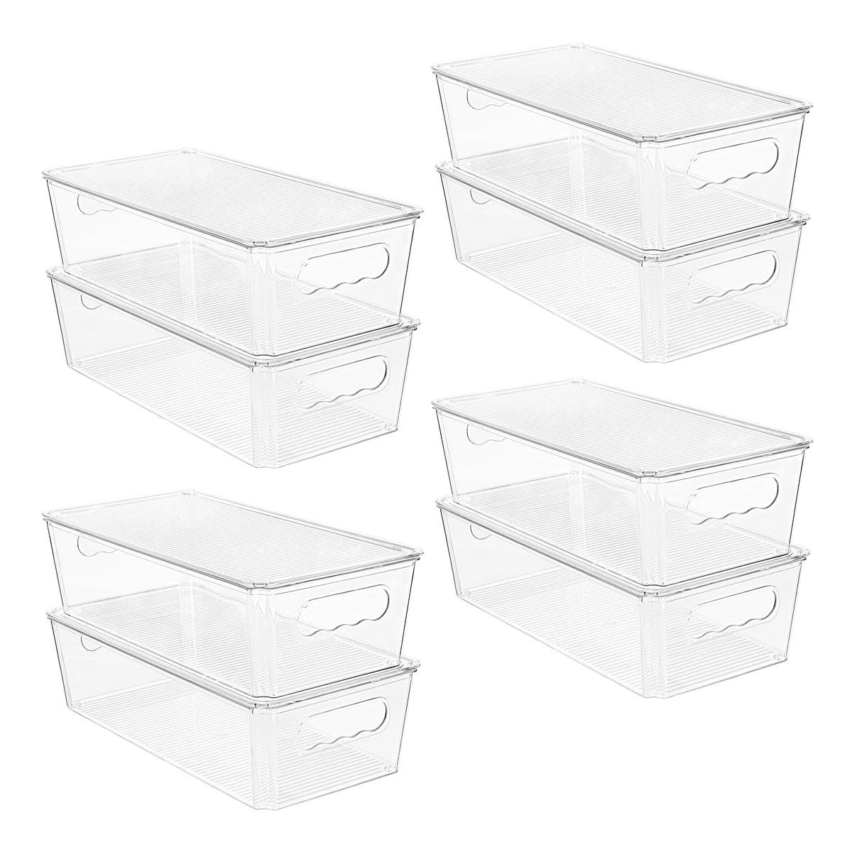 Vtopmart 8pcs clear organizers with lids neatly store pantry staples and fridge items.