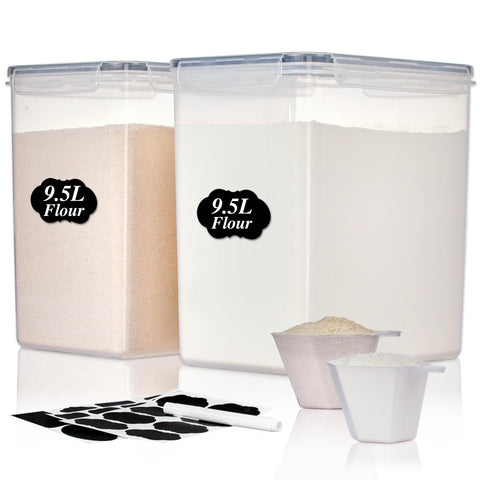 Vtopmart 9.5L two-pack flour and sugar containers in a modern kitchen.