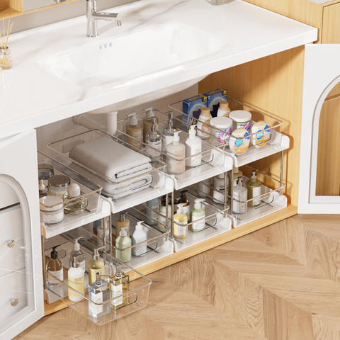 Vtopmart 2-tier bathroom organizer with pull-out drawers keeps cosmetics organized.