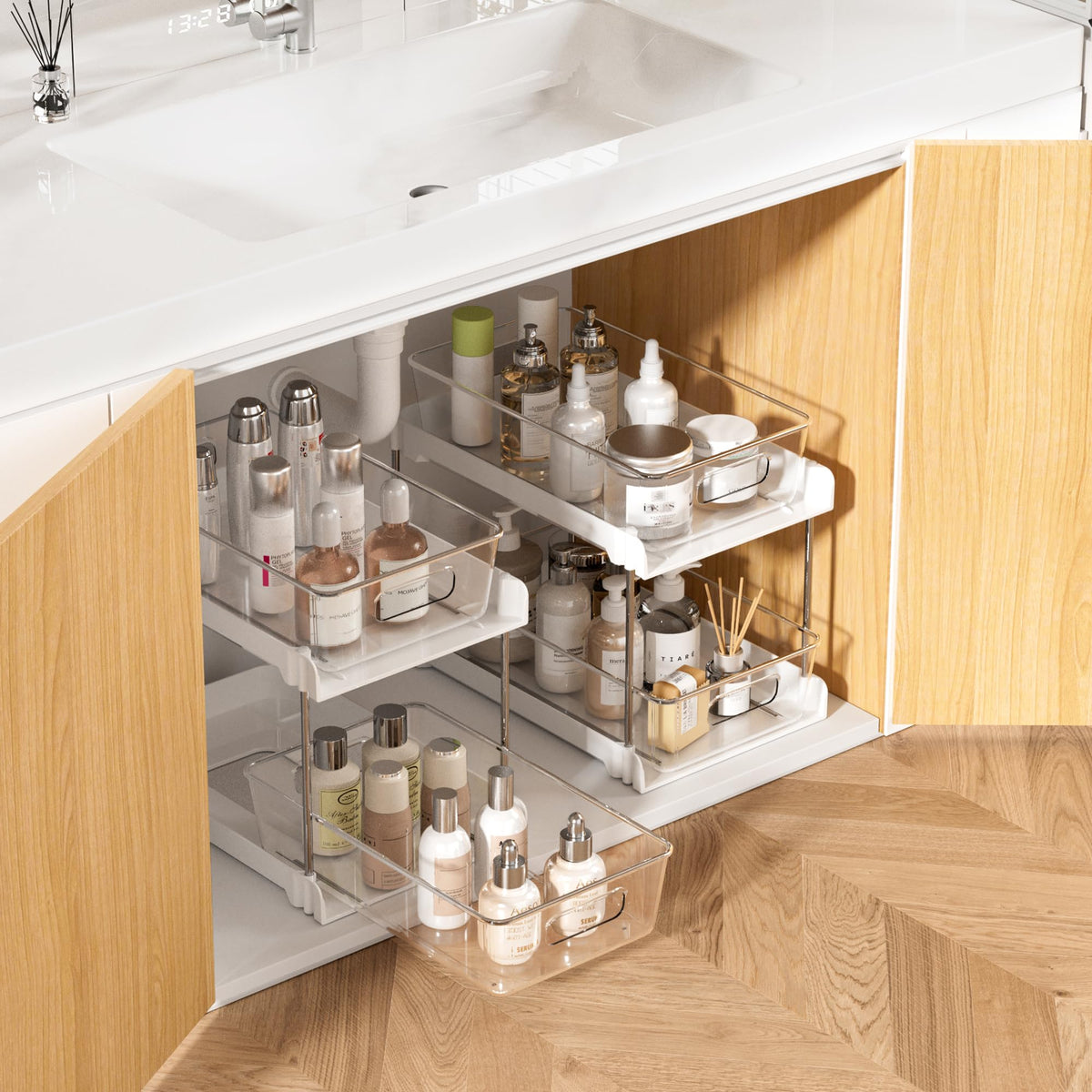Vtopmart bathroom organizer 2-pack with pull-out drawers for easy access to toiletries.