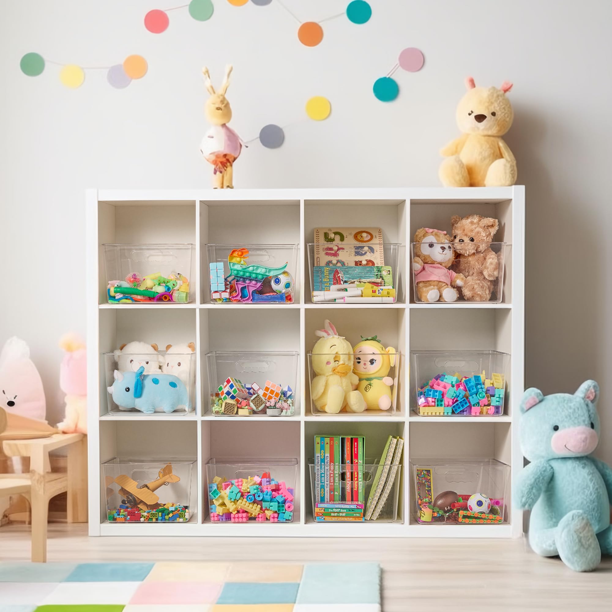 Vtopmart bin with handles enables easy pulling from shelves.