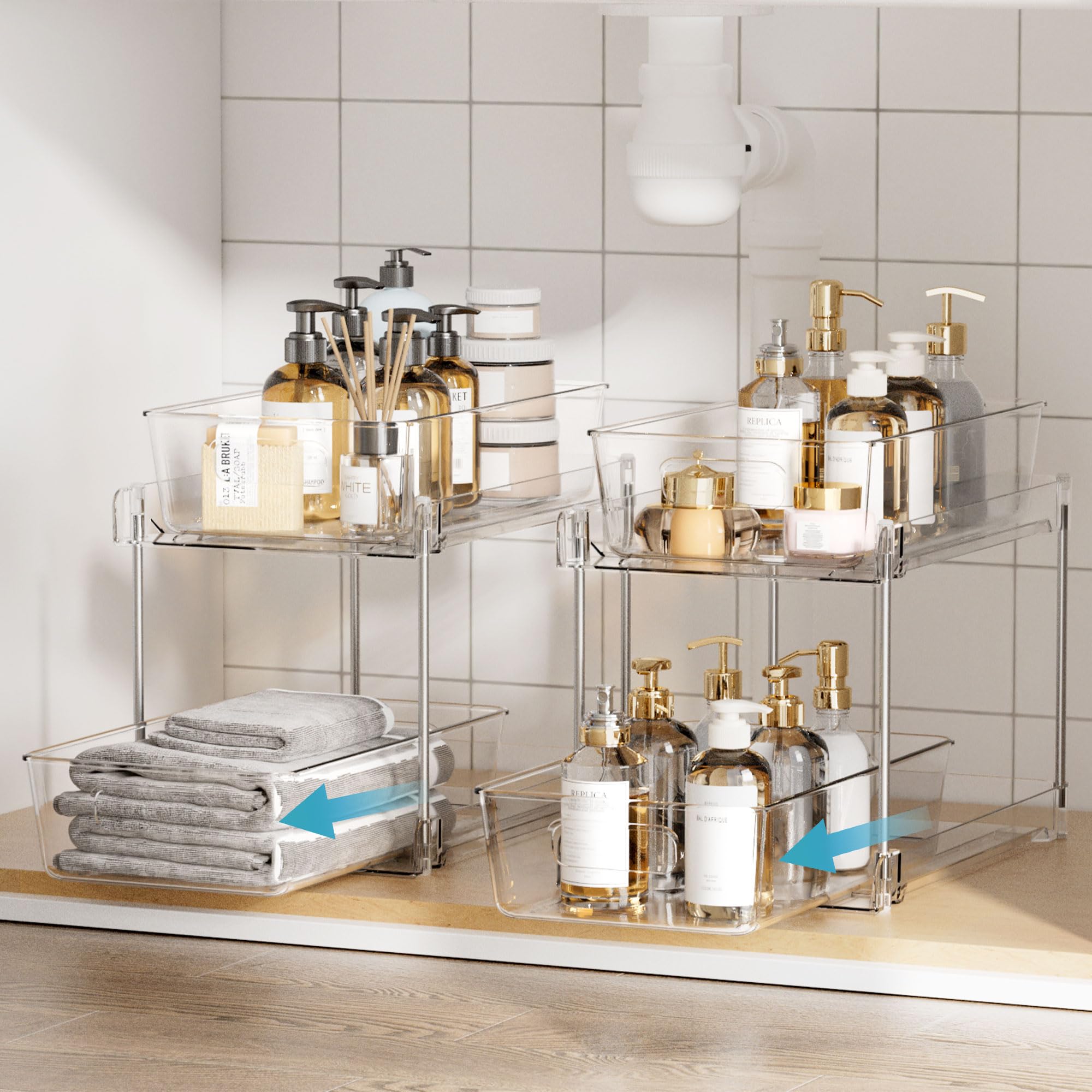 Vtopmart clear under-sink organizers pack offers easy visibility for quick finds.