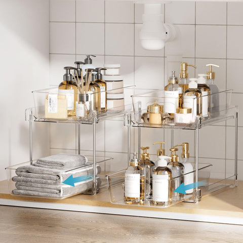 Vtopmart clear under-sink organizers pack offers easy visibility for quick finds.