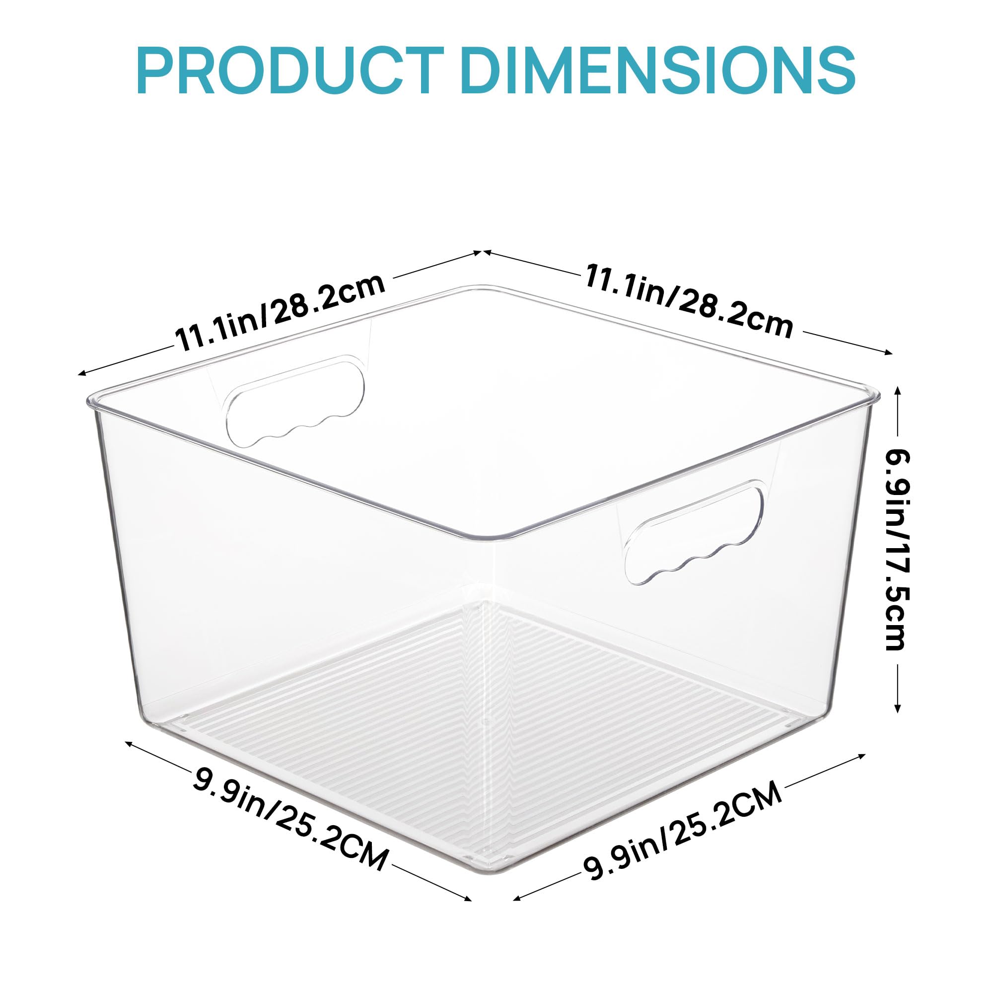 Vtopmart clear-view square bin on closet shelf shows contents at a glance.