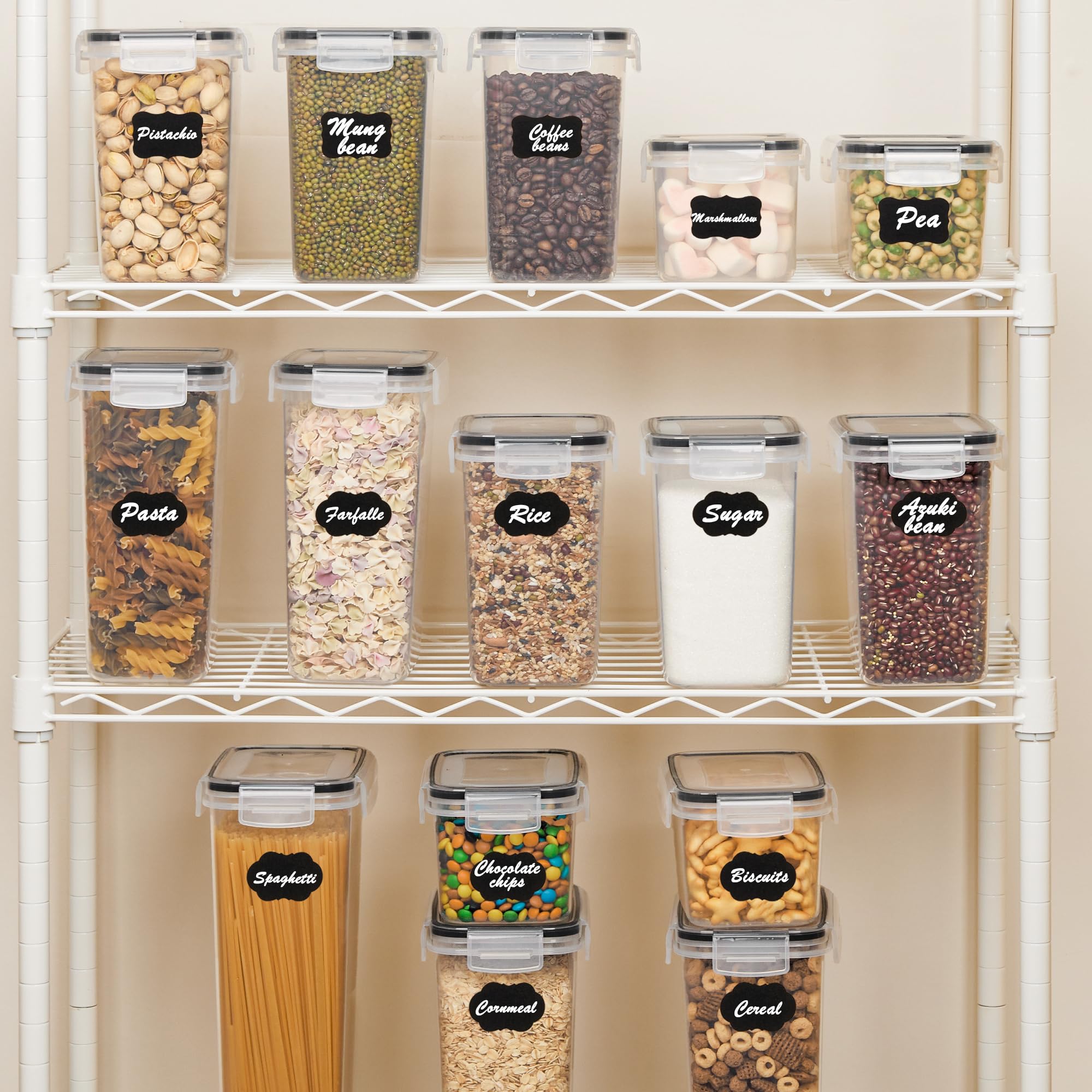 Clear, see-through containers help you quickly locate dry goods.