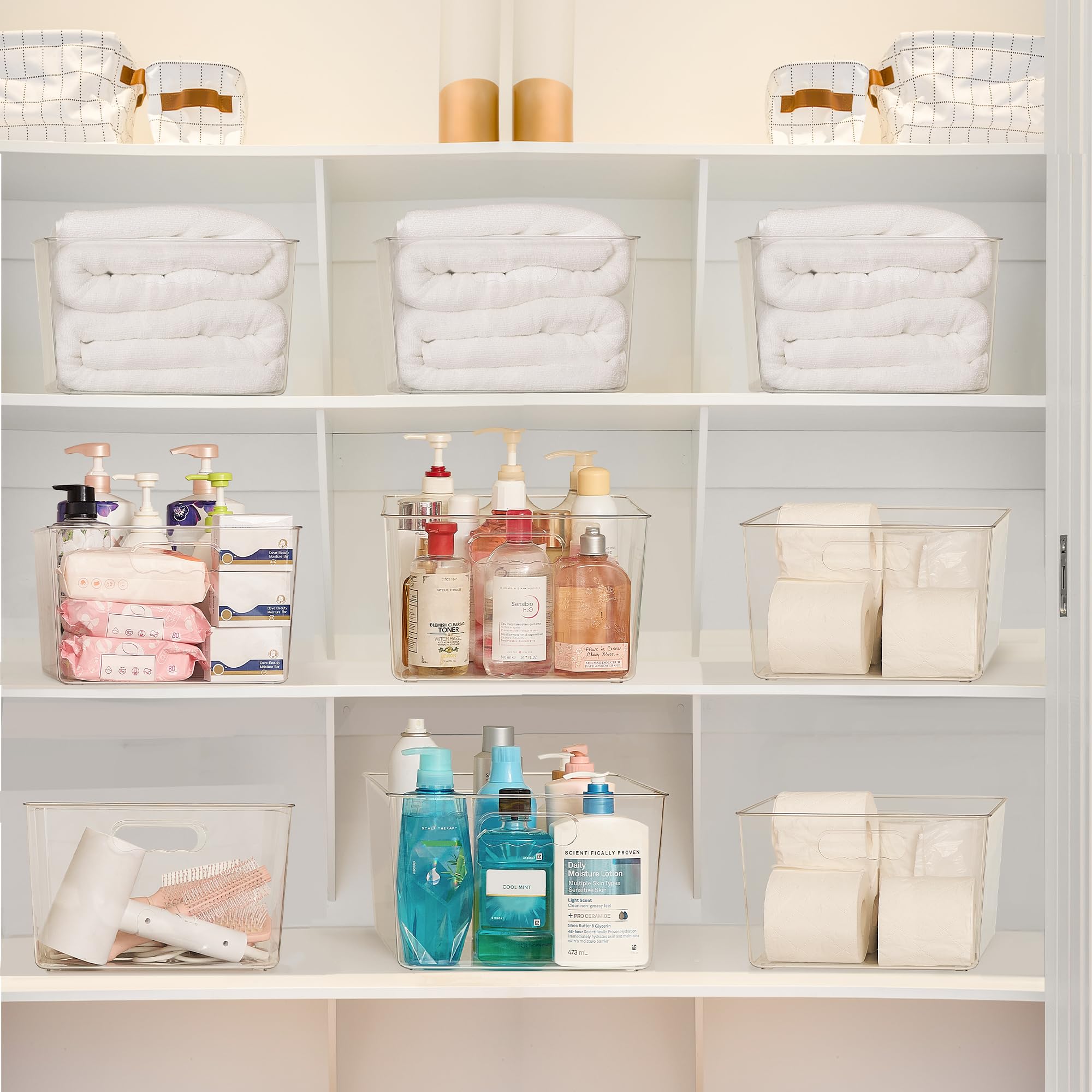 Vtopmart cube storage bin stackable design to maximize shelf space.