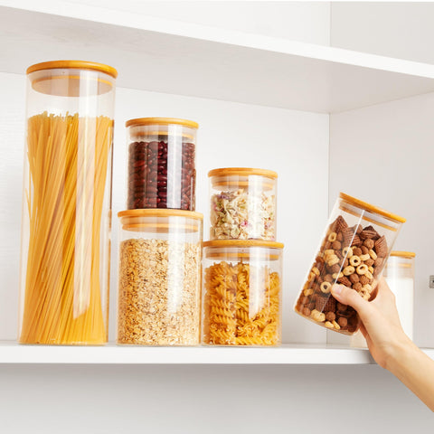 Vtopmart 27oz glass jar ideal for snacks and spices with bamboo lid.