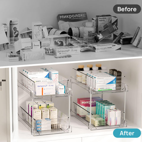 Vtopmart two-tier vanity storage helps maximize vertical space efficiently.