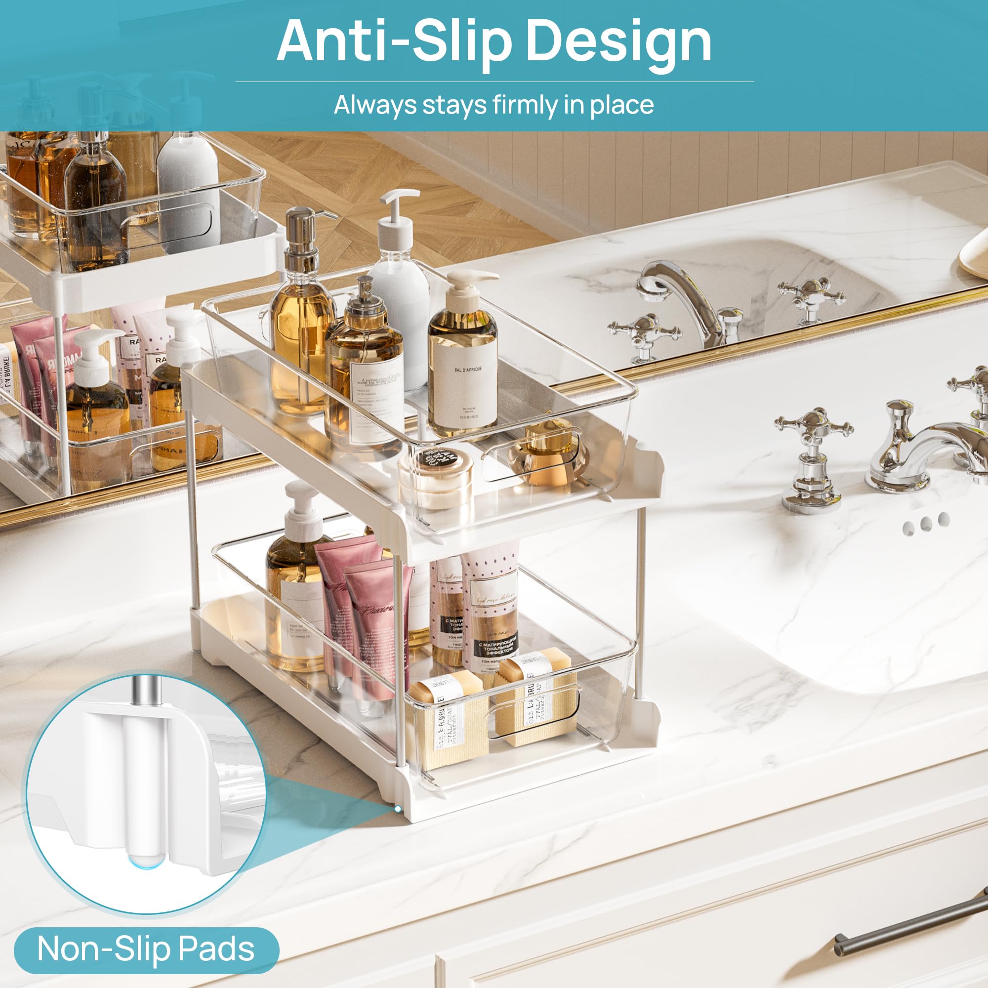 Vtopmart vanity countertop storage features a clear design for quick item spotting.