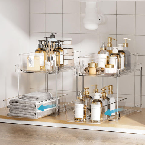 Vanity countertop storage container offers visible stacking and quick access.