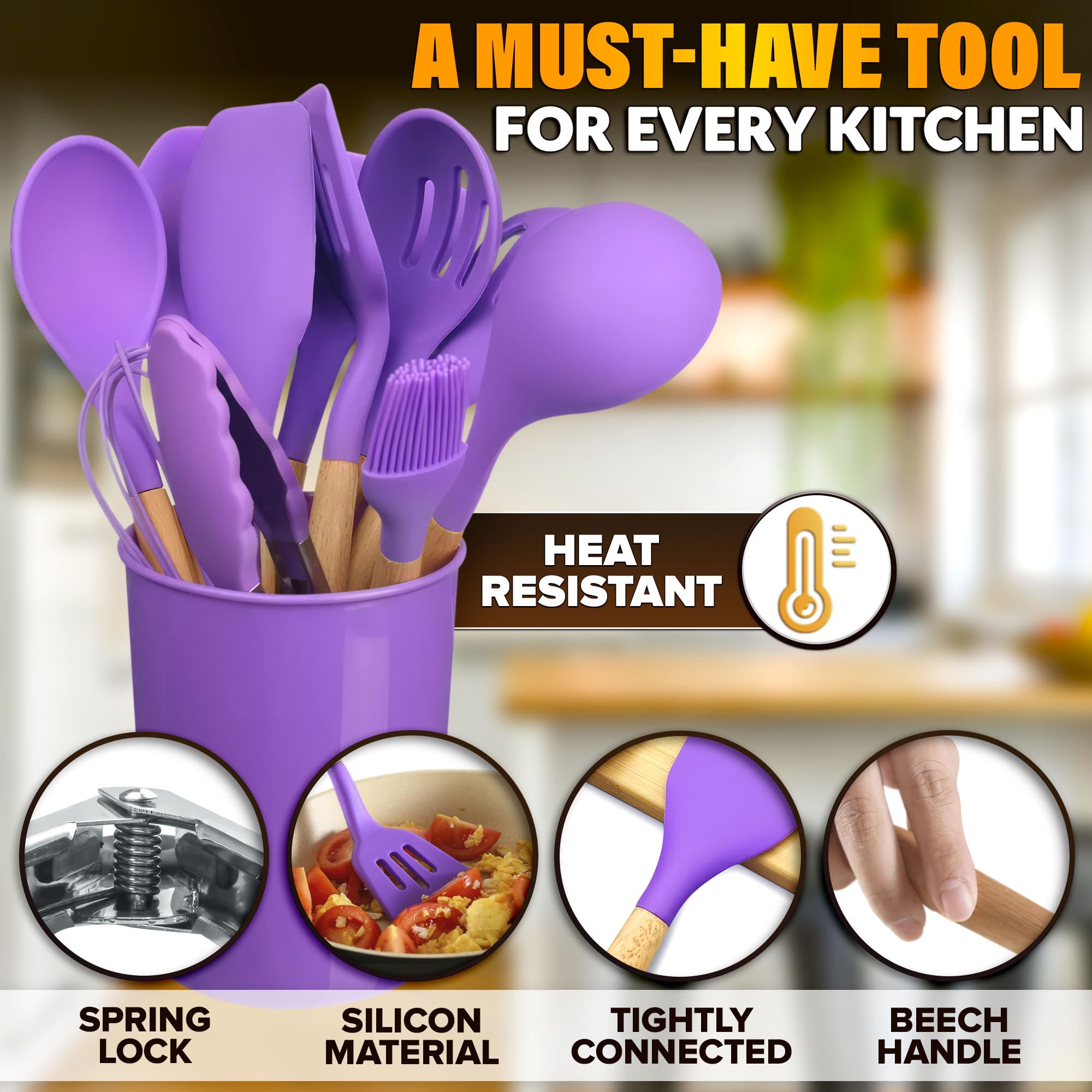 V TOWER purple silicone spoon set for mixing and serving
