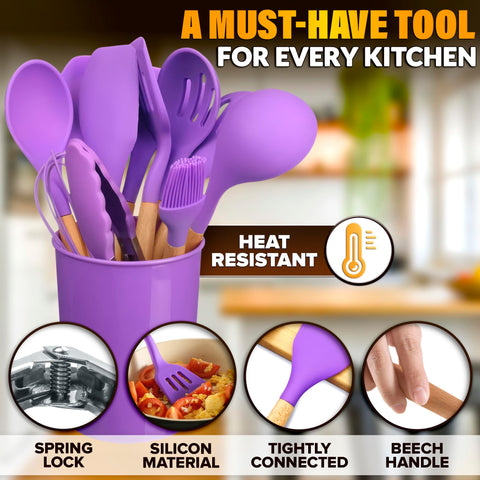 V TOWER purple silicone spoon set for mixing and serving