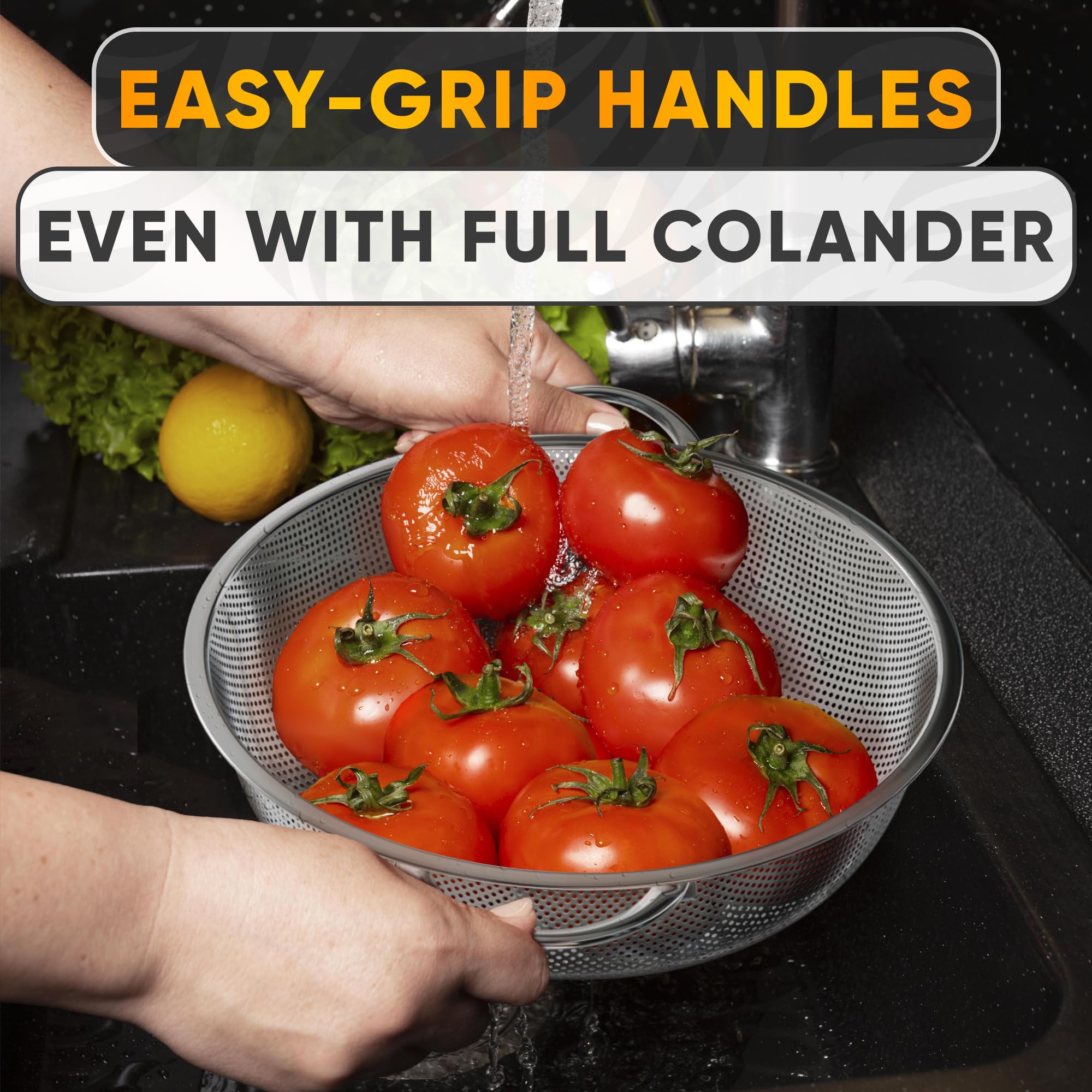 VTOWER colander with ergonomic handles for secure grip during draining