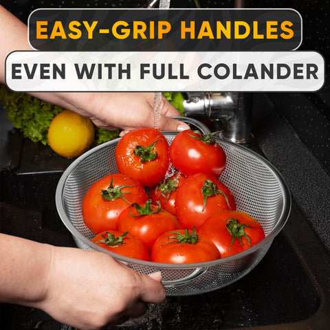 VTOWER colander with ergonomic handles for secure grip during draining