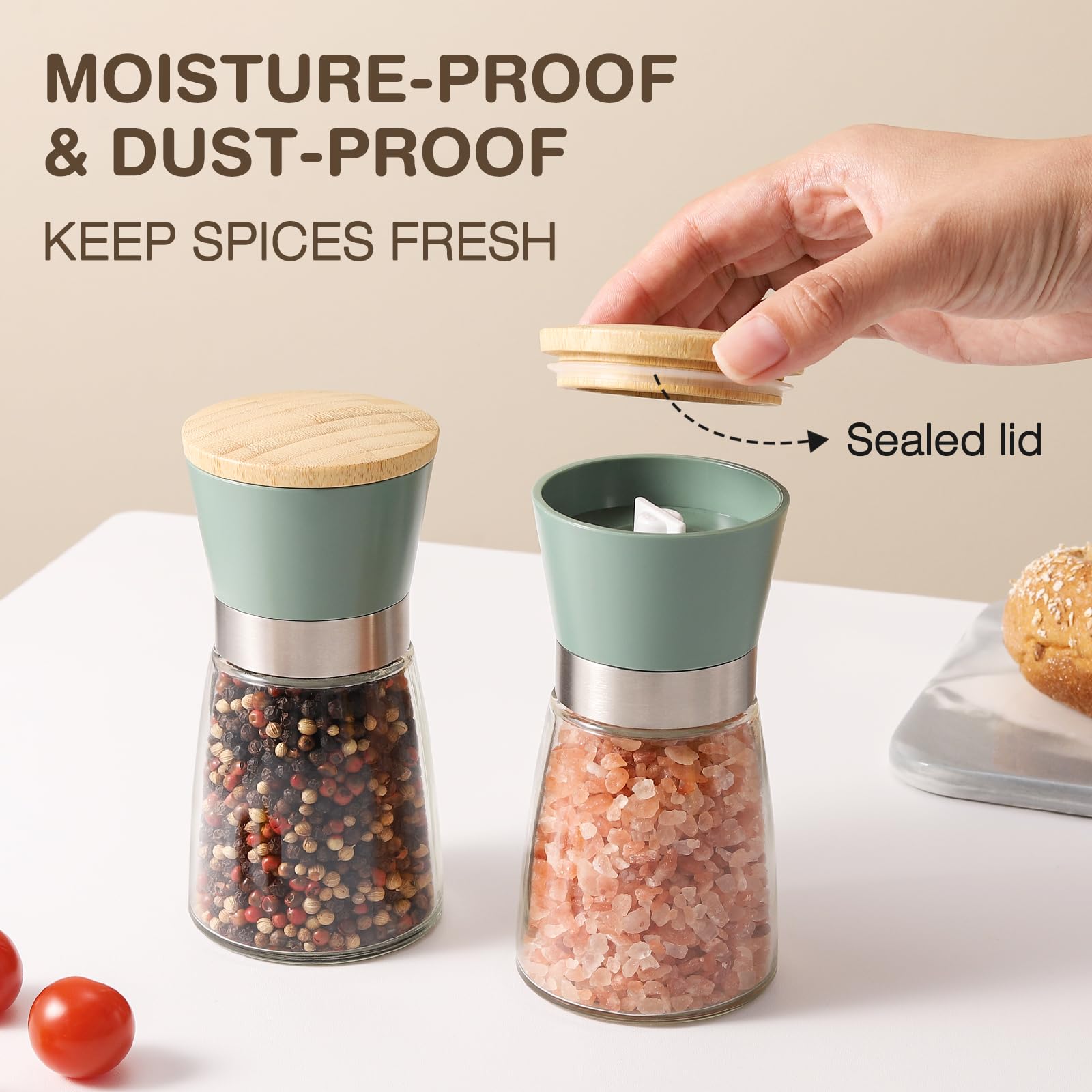Vucchini adjustable ceramic grinders provide precise grind sizes.