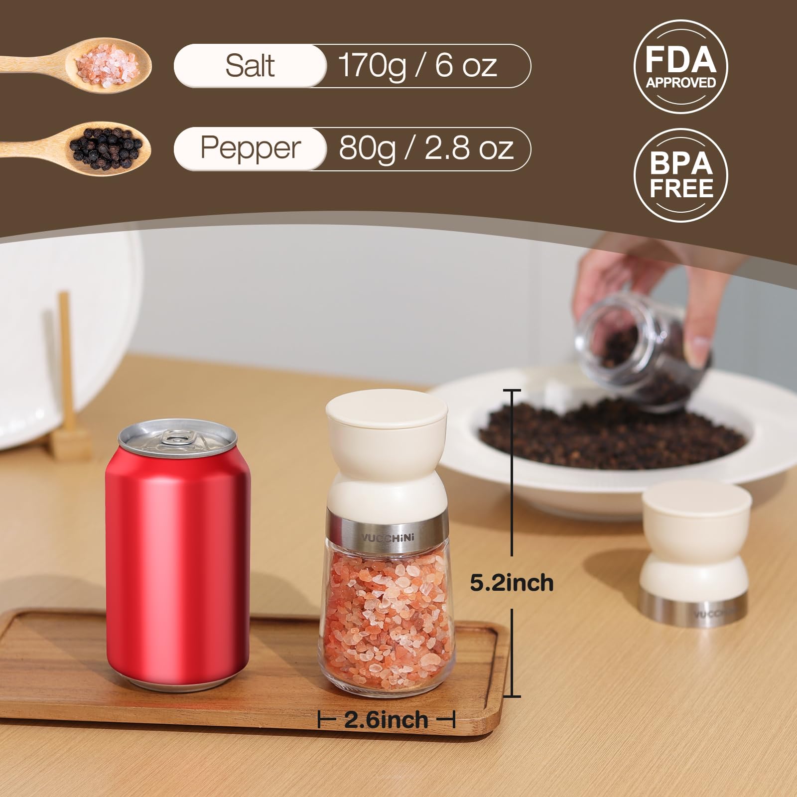Vucchini salt and pepper grinders ready for dishwasher cleaning