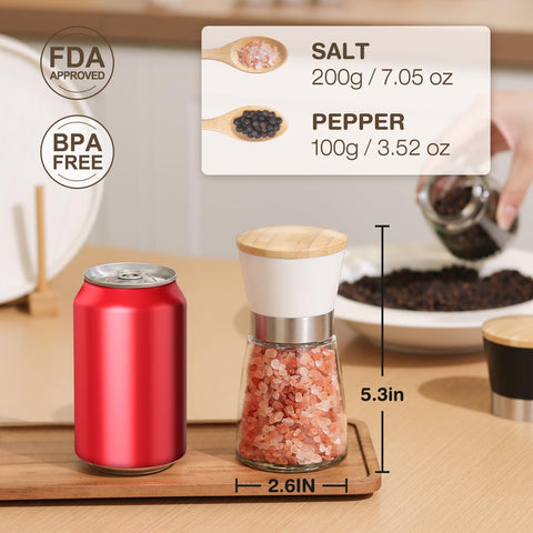 Vucchini salt and pepper grinders with glass bottle for easy refilling and visibility.