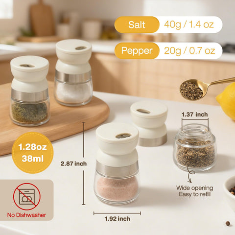 Vucchini salt pepper shaker with two-hole control for precise pours.