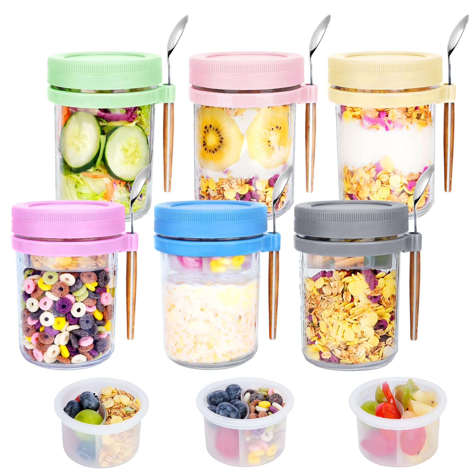 Vuinop six-pack glass jars with lids and spoons for organized meal prep