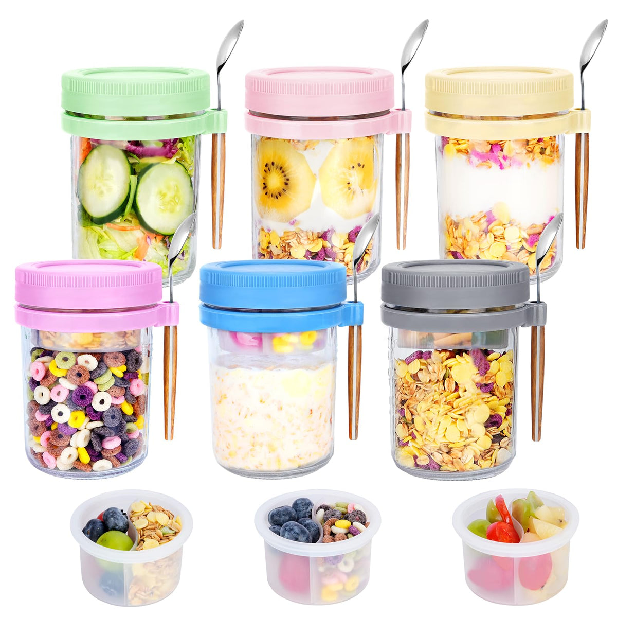 Vuinop six-pack glass jars with lids and spoons for organized meal prep