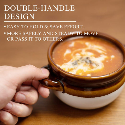 Vumdua double-handle design for safe, steady passing of hot soup.