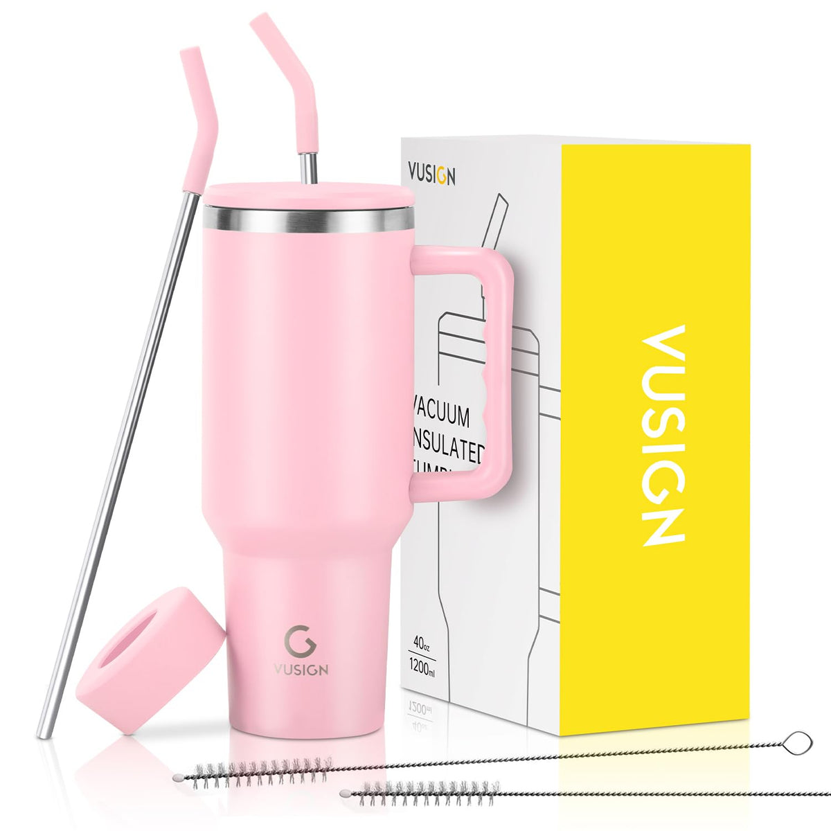 VUSIGN 40oz tumbler with blush finish and straw lid for on-the-go hydration.