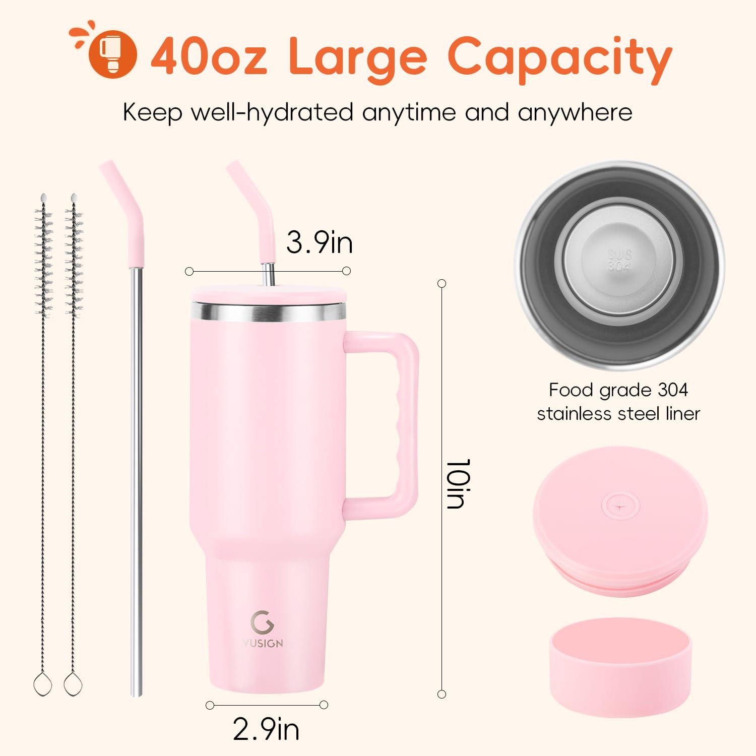 VUSIGN blush tumbler supports daily hydration for coffee, tea, and smoothies.