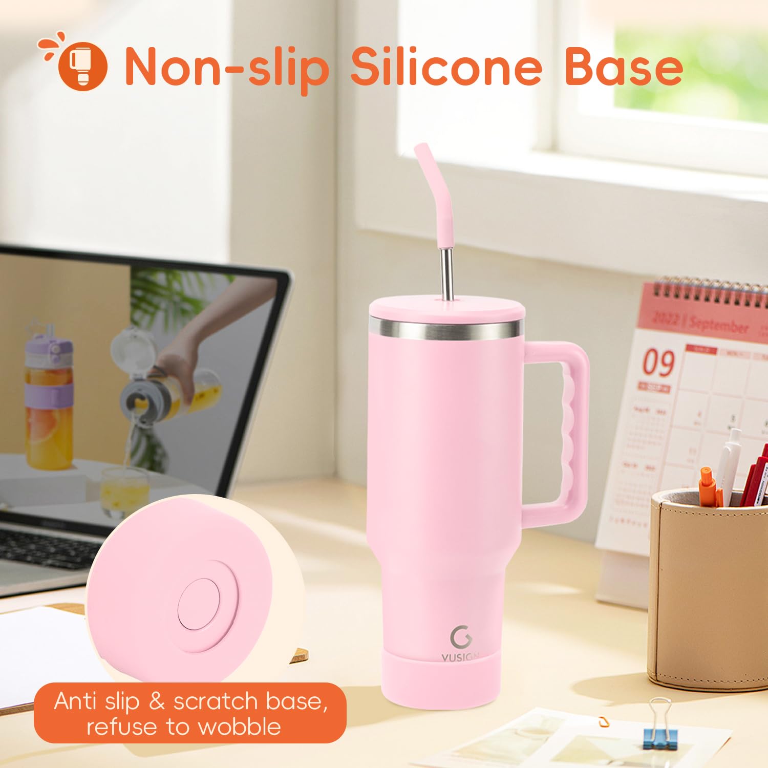 VUSIGN tumbler with non-slip silicone base for stable placement.