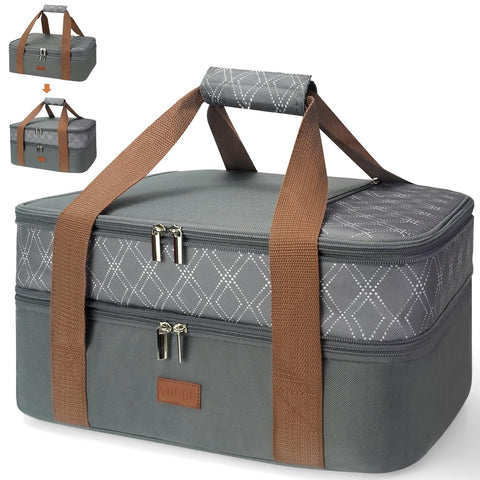 Vuudh expandable casserole carrier top compartment keeps meals organized for potlucks.