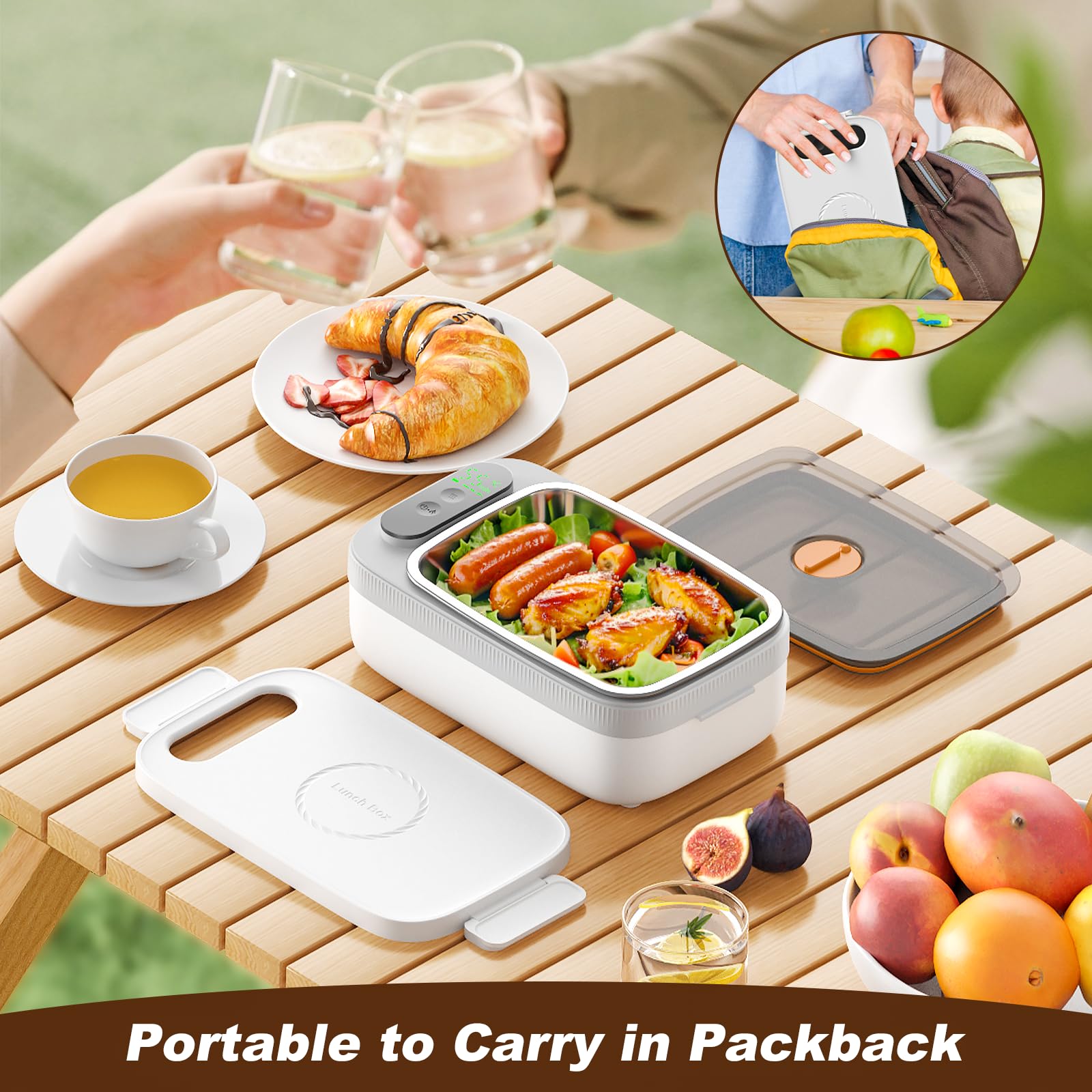 Car adapter charging enables heating meals during commutes with the VVU&CCO lunch box.