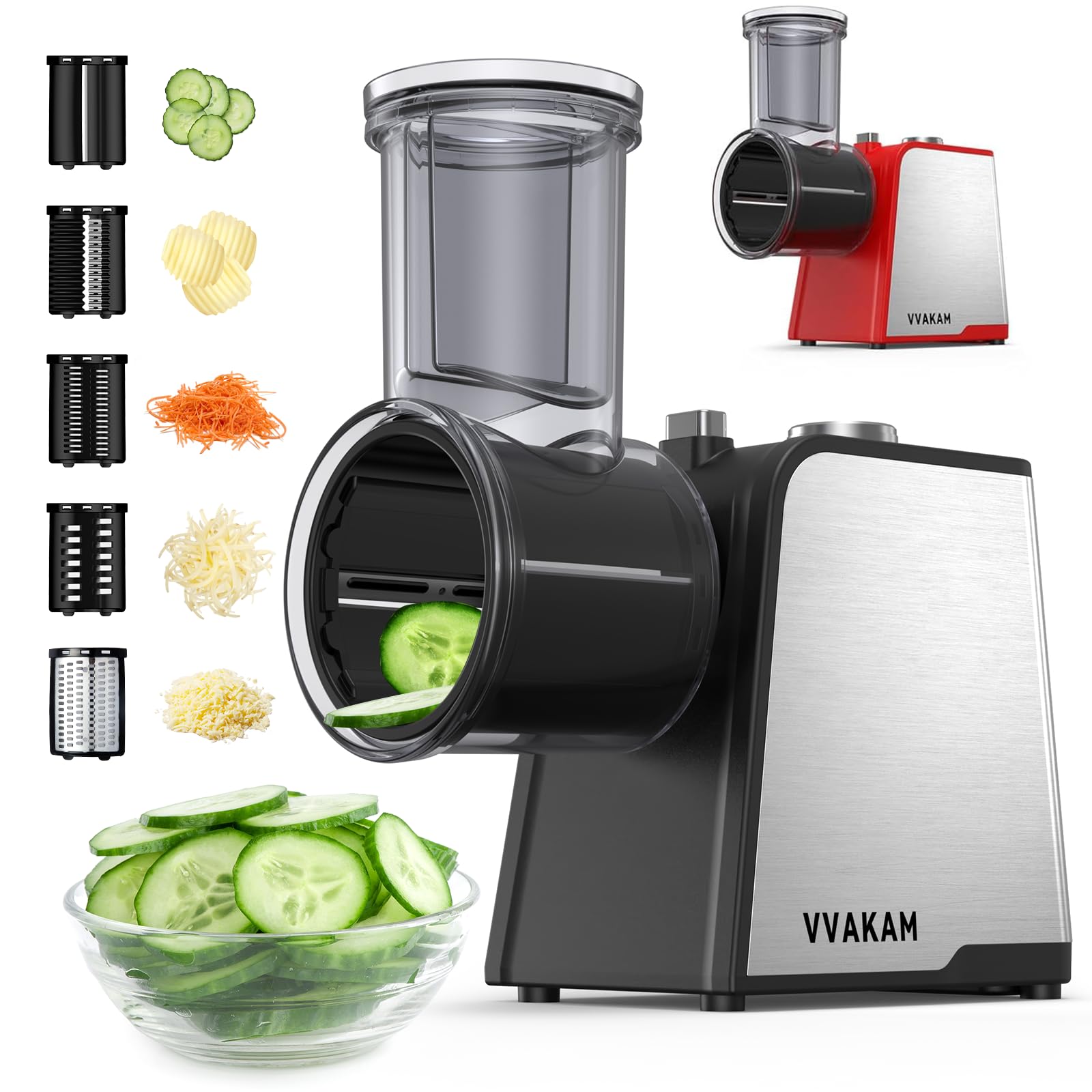 VVAKAM electric cheese grater with 300W motor for quick, quiet shredding.