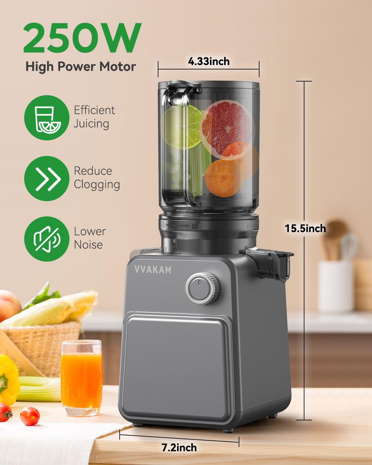 VVAKAM juicer shows 4-4 inch feed chute for whole-fruit loading and faster prep.