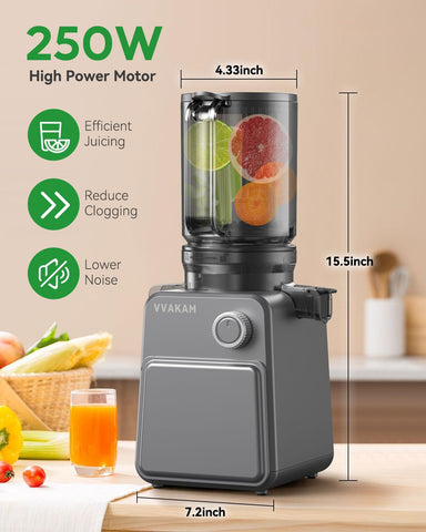 VVAKAM juicer shows 4-4 inch feed chute for whole-fruit loading and faster prep.